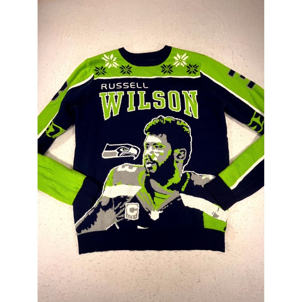 Seattle Seahawks Sweater Mens Blue Green Russell Wilson #3 American Football NFL